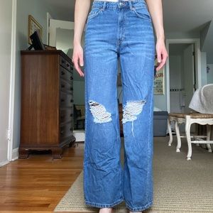 H&M WIDE LEG DENIM JEANS WITH RIPS HIGH WAISTED sz 6